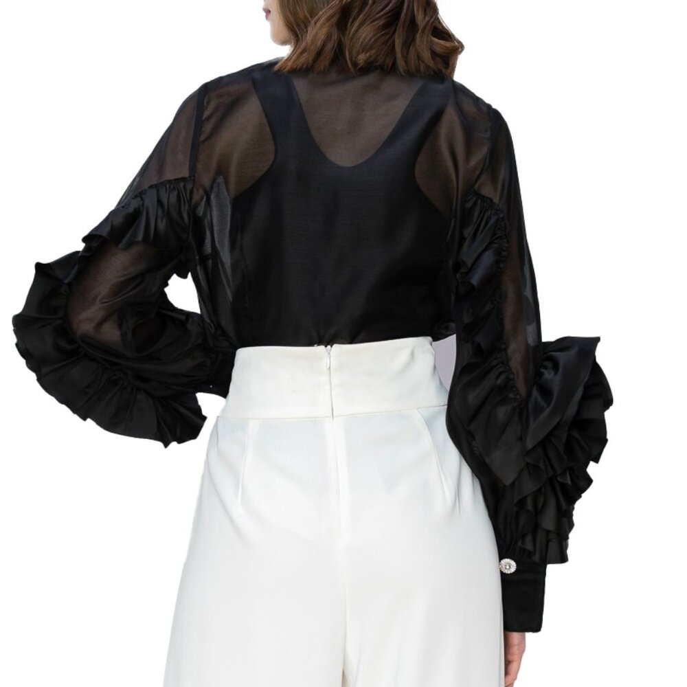 Black Ruffled Sleeves Chiffon Top - Picture 3 of 3